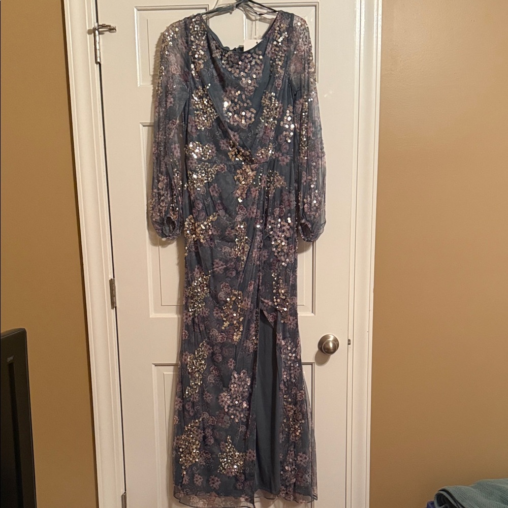Mac Duggal Gray Cowl Neck Long Sleeve Gown